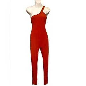 A dark orange one shoulder jumpsuit from shein